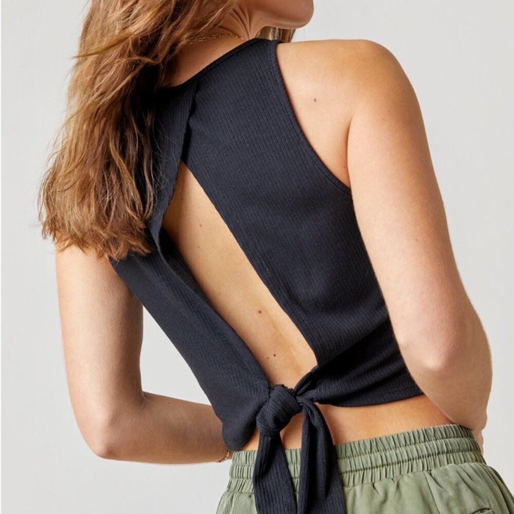 NWT Francesca's Blue Rain Aubree Rib-Knit Tie-Back Tank Top Black Size Medium M